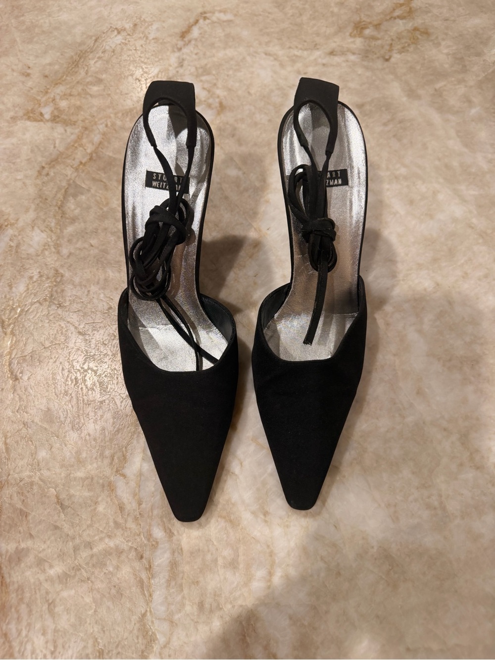 Stuart Weitzman Black Pointed Lace-Up Slingback Flats